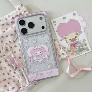 Sanrio | Cute Square Heart Melody Translucent Phone Case For iphone 17 16 15 ProMax Four Corner Anti Collision Bumper Cover With Chain