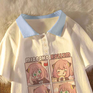 New 2025 Pure Cotton Short Sleeve T-Shirt Anime Print Polo Shirt for Girls Child Medium Large Size Japanese Style Top