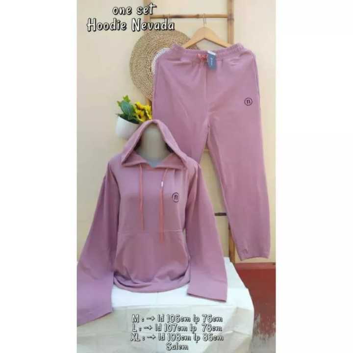 Nevada Setelan Hoodie Jacket Celana Katun polos Wanita Women