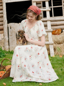 XIANGYING | French Countryside Floral New White Puff Sleeves Tea-Length Dress
