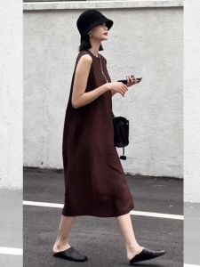 Retro Simple Color Block round Neck Sleeveless Tea Break Dress Luxury Lightweight Summer Dress Elegant Lazy Style H-Line Skirt
