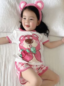 เด็กผู้หญิง ฤดูร้อน ชุดนอน หมีสตรอเบอร์รี่ ผ้าฝ้าย ชุดนอนแขนสั้น กางเกงขาสั้น สําหรับบ้านและกลางแจ้งเด็กชายจับคู่เสื้อผ้า