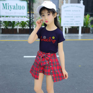 Girls Summer Outfit Plaid Short Sleeve Two-Piece Set Childrens Clothing Cotton Blend Comfortable Breathable Skirt Pants Set