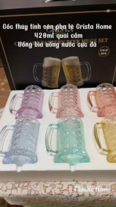 Bộ 6 Cốc Bia Thủy Tinh CRISTA HOME Vân Pha Lê Nổi Có Quai Dung Tích 420ml