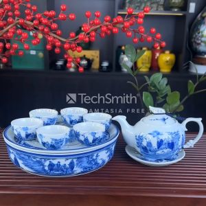 Bộ Ấm Pha Trà Men Lam Phượng Hoàng Khay Thủng Bát Tràng Trúc Lâm Thất Hiền - Ấm Dung Tích 350ML