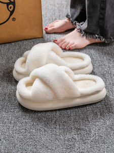 Cross Fluffy Slippers Womens Autumn and Winter Thick Sole Fashion Plush Cotton Slippers Internet Celebrity New Outdoor Fancy White