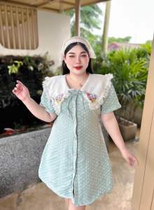 BN106. เข้าใหม่ชุดเดรสออกงานสาวอวบ ผ้า luxury ปั๊มลายนูนรุ่นระบายข้าง