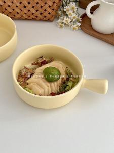 Yellow Ceramic Bowl with Handle for Rice Noodles And Fried Rice Suitable for Air Fryer round Shape Korean Style Dishware