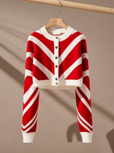 Áo Len Cardigan Dệt Kim Màu Đỏ Kẻ Sọc Cổ Tròn Dài Tay Thường Ngày Thời Trang Cổ Điển Thoải Mái Cho Nữ Mùa Đông 2025