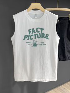 เสื้อยืดแขนกุดผู้ชายผ้าฝ้ายแท้ฤดูร้อนหลวมพอดีสไตล์เกาหลีลําลองพิมพ์เสื้อกั๊กระบายอากาศสําหรับวัยรุ่น