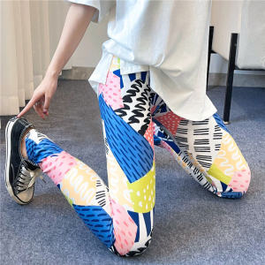 กางเกงขายาวผู้หญิงเอวสูงพิมพ์ลายผ้าไหมนมบางยืดหยุ่นขนาดใหญ่ทรงสลิมฟิตสำหรับฤดูใบไม้ผลิและฤดูร้อน