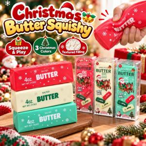 Christmas Butter Squishy Toy Crunchy Squishy Toy Slow Rising Fidget Toy Stress Relief Squeeze Toy Soft Sensory Toy Christmas Gift for Kids Adults Boys Girls Cute Butter Stick Toy 3 Colors Stocking Stuffers