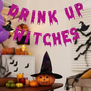 YOMDID Drink Up Witches Banner Halloween Party Banner Glitter Letters With Spooky Black Hat Motifs For Halloween Decorations