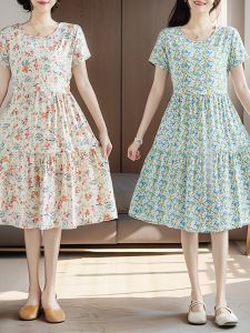 Elegant Cotton Silk Floral Dress Womens Outerwear Summer Special High Waist A-Line Midi Dress Adjustable Waist Regular Sleeve