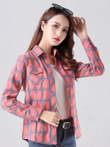 Spring Autumn 2025 Womens Plaid Long Sleeve Cotton Shirt Slim Fit Base Layer Large Size Female Shirt Korean Style Commute