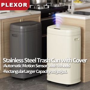 Plexor Motion Sensor Trash Can with Lid and Wheels Stainless Steel 20/30/50L Large Capacity Intelligent Trash Bins with Removable Inner Bucket Rechargeable Automatic Metal Garbage Bin for Kitchen Bathroom Bedroom Office commercial