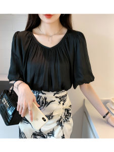 AMILUCK | Womens Loose Bubble Sleeve V-neck Chiffon Top Half Sleeve Beautiful Pleated T-shirt Trendy Slimming Bubble Sleeve Blouse