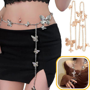 สร้อยคาดเอวแต่งพู่ยาวลายผีเสื้อ Y2K สำหรับผู้หญิงสายโซ่โลหะสไตล์โบฮีเมียนอเนกประสงค์เครื่องประดับสายรัดเอวสำหรับผู้หญิง