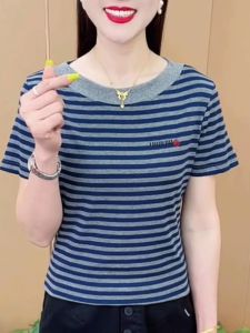 QIAOXIZI | Relaxed Fit Fashionable Striped Short Sleeve T-shirt for Women