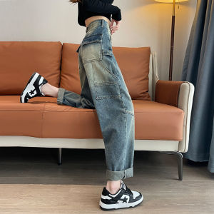 กางเกงยีนส์ทรงหลวมเอวสูงสไตล์ฮาราจูกุสำหรับผู้หญิง กางเกงยีนส์ทรงเดนิมทรงเดนิมสไตล์ย้อนยุคสไตล์อเมริกันสำหรับฤดูใบไม้ร่วงและฤดูหนาว