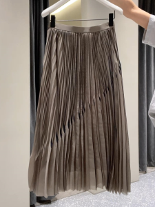 Slimming High Waist A-Line Midi Skirt Womens Caramel Color Pleated Half Body Skirt Versatile Spring Summer New Arrival