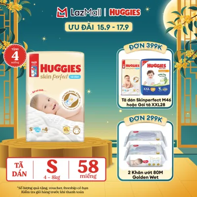 [0h 15.9 - 17.9QUÀ TẶNG ĐƠN 0Đ] Tã/bỉm dán sơ sinh Huggies Skin Perfect S 54+6 miếng với 2 vùng thấm giảm kích ứng da