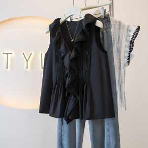 AIYITI | Unique Beautiful Lace Splicing Black V-neck Sleeveless Shirt Summer Plus Size Womens Clothing Belly Cover Small Top