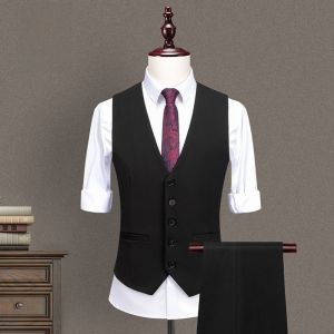 ROMON | Lormen Mens Business Casual V-neck Single-button Pure Color Polyester-cotton Wedding Groomsmen Workwear Vest Spring