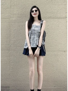 YUEZHONGWEI | French Style Square Collar Asymmetrical Plaid Strap Vest Women Summer Outerwear Loose Sleeveless Doll Shirt Top
