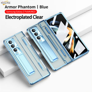 【with Screen Film】KISSCASE Electroplated Clear 360° Armor Hinge Bracket Case For Samsung Z Fold5 Fold4 Fold3 5G Camera Screen Protection Invisible Bracket Holder Stand Shockproof Phone Case for Galaxy Z Fold 5 Fold 4 Fold 3 5G