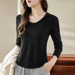 Ladies Long Sleeve Cotton T-Shirt U-Neck Loose Fit Spring Autumn New Style Base Layer Shirt Hooded Inner Wear Top