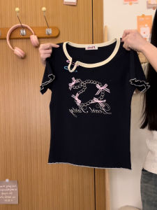 Áo Thun Nữ Tay Ngắn Màu Trơn Cổ Tròn in Họa Tiết Bướm Mùa Hè Cotton Co Giãn Thoải Mái Thường Ngày