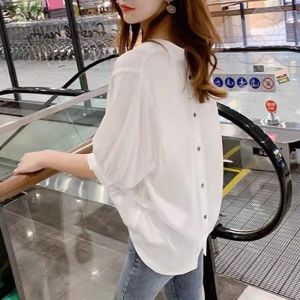 White V-Neck Short Sleeve Loose Bubble Sleeve Shirt Womens Summer New Style Korean Version Pure Color Commute Regular Length