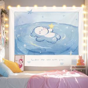 VIKAMA Watercolor Ocean Bear Tapestry Blue Healing Floating Bear Star Love Background Cloth Warm Tapestry Room Decoration