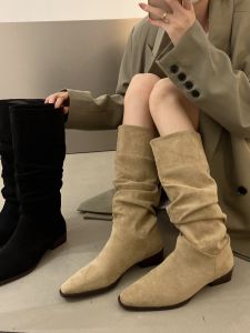 Retro Khaki Long Tube Boots Womens Shoes Pointed Toe Knight Style V-Notch Slim Fit Autumn Spring Fashion Boots Waterproof Platform