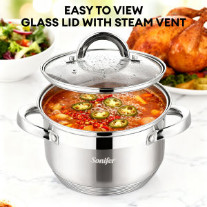 Sonifer Stainless Steel Pot 304 Multi-Layer Composite Base With Glass Lid Home Use Cooking Pot