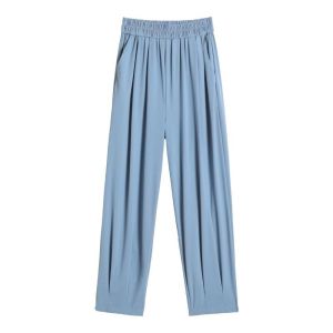 LANGPIN | กางเกงกีฬาทรงหลวมเอวสูงผ้าไหมน้ำแข็งสไตล์ฮาเร็มสำหรับผู้หญิงในช่วงฤดูร้อน กางเกงขายาวทรงหลวมสบาย ๆ ทรงหลวม