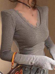 Áo Thun Cổ Chữ V Lót Lụa Ren Thời Trang Thu Đông Cho Nữ Áo Thun Dài Tay Màu Trơn Dáng Ôm Phong Cách Hàn Quốc