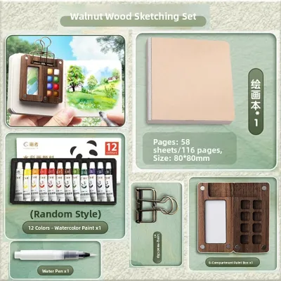 Mini Acrylic Watercolor Paint Set Walnut Wood Sketching Transparent Paint Box Portable Art Supplies Washable Cultural Goods
