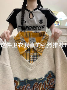 Loose V-Neck Oversize Sweatshirt Womens Spring Autumn Thin Outerwear Patchwork Design Korean Style Long Sleeve Streetwear