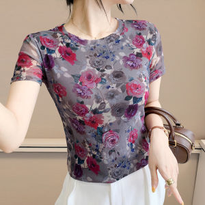 Yimei 2025 cao thời trang mùa hè lưới đàn hồi ngắn tay in họa tiết áo thun mỏng và sành điệu áo cổ tròn thoải mái cho mùa hè