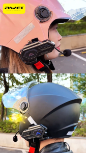 Awei VS-6 Intercom for Helmet 500M Range Wireless Bluetooth Headset for Motorcycle Handsfree IPX6 Waterproof Night Flashlight Supports 2 Riders Intercom Music Sharing