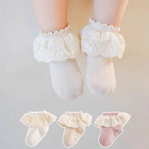 Newborn Baby Socks for Girls Autumn Spring Lace Trim Princess Floor Socks Cotton Boneless Anti Slip Toddlers Short Socks 0-3Yrs
