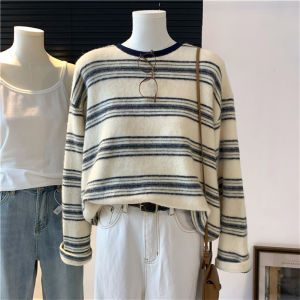 Retro Color Block Long Sleeve T-Shirt Womens Autumn Winter Loose Thickened Rabbit Velvet Fleece Lined Inner Wear Base Shirt Top