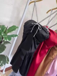 TW22055 เดรสสั้นแต่งโบว์ ผ้าซาร่าเงา