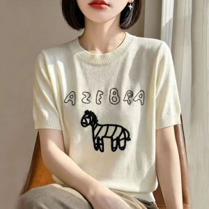 BAIWEISILI | Summer Short Sleeve Round Neck Embroidery Thin Icy Silk Blouse