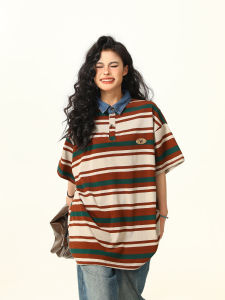 Wild Azi Original Retro Maillard Stripes Short Sleeve Womens Loose Oversize Summer Fashion Brand American T-shirt