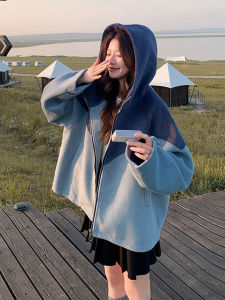 Blue Patchwork Fashion Casual Style Woolen Coat Womens Short Coat Autumn New Arrival Small Size Versatile Korean Style Coat