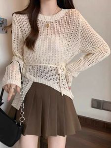 Summer hot thin and lazy style high-end air conditioning cover shirt round neck irregular hook flower hollow knit sweater for outerwear