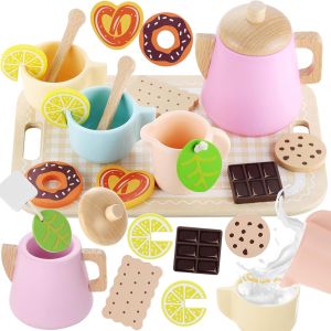 Tea Sets for Toddlers Wooden Play House Pretend Food Toy Sets for Kids Kitchen Accessories Party Role Playing Toys Girls Gift